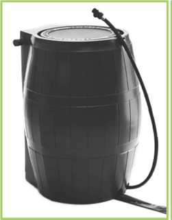 Black plastic rain barrel